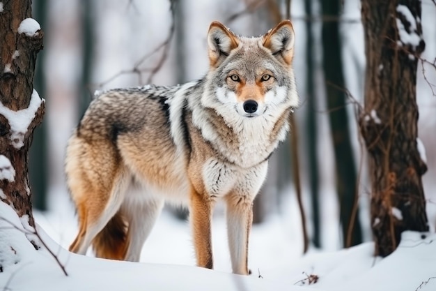 Grauer Wolf geht durch einen verschneiten Winterwald Europäischer Wolf im natürlichen Lebensraum Wildleben