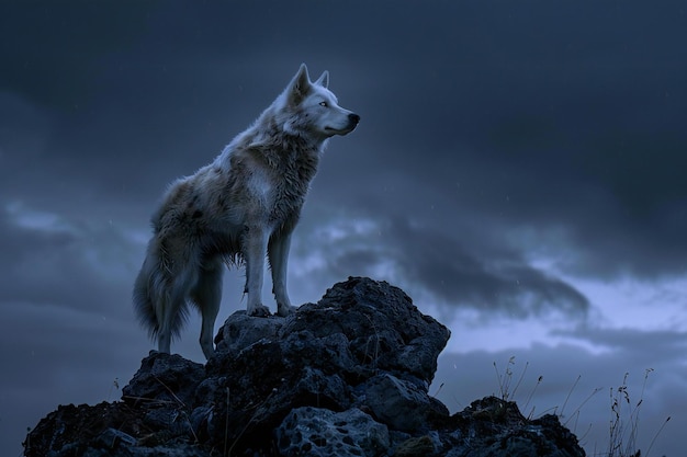 Grauer Wolf steht auf einem Felsen mit stürmischem Himmel im Hintergrund