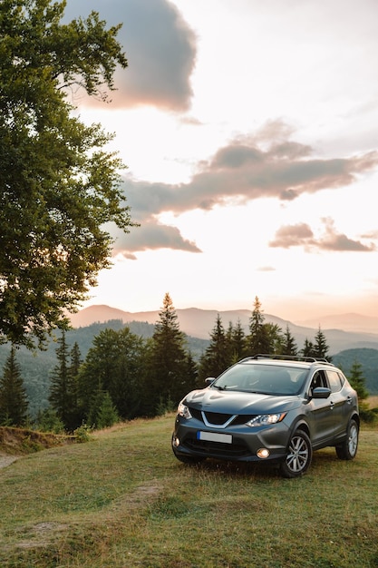 Graues Auto in der Nähe einer großen alten Buche in den Bergen bei Sonnenuntergang