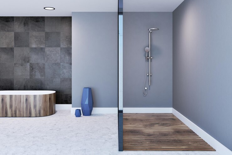 Graues Badezimmer-Interior Duschstand und Badewanne