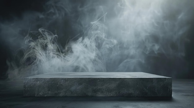 Foto graues betonplattformpodium oder tisch mit rauch im dunkeln
