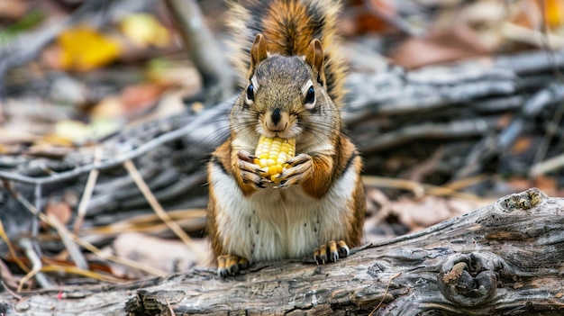 Foto graues eichhörnchen isst mais auf der maiskolbe generativ ai