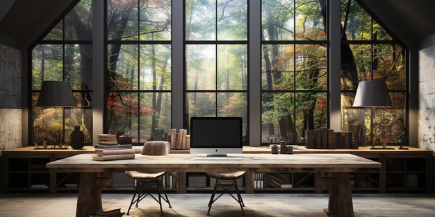 Graues Geschäftsinterieur mit Computern und Panoramafenster Mockup-Rahmen