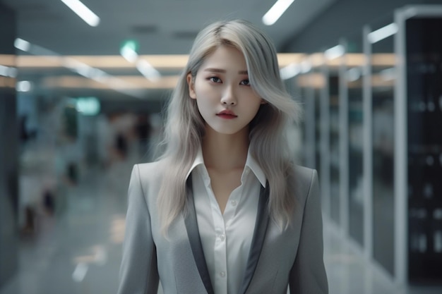 Graues Haar der asiatischen Geschäftsfrau und grauer Anzug
