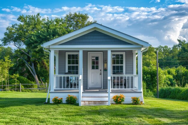 Graues kleines Haus mit Veranda und weißen Geländer mit Sommerlandschaft