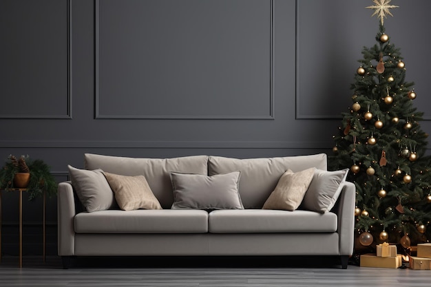 graues luxuriöses Wohnzimmer mit Sofa, Weihnachtsbaum und Geschenken