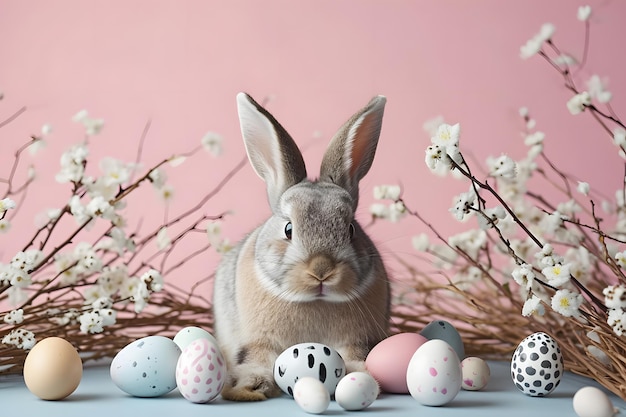 Foto graues osterhase und eier liegen herum minimalistisches modernes osterkonzept mit hase trendfarben