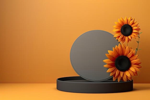 Graues Podium, Nahaufnahme eines orangefarbenen Backg-Studios mit Sonnenblume