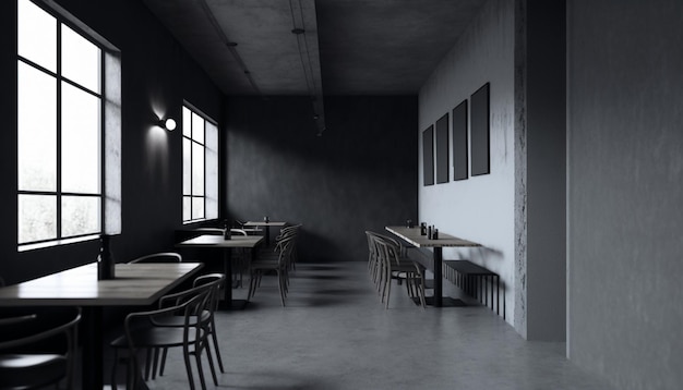 Graues Restaurant-Interieur, graue Wände, Betonboden, Bogenfenster, Generative KI