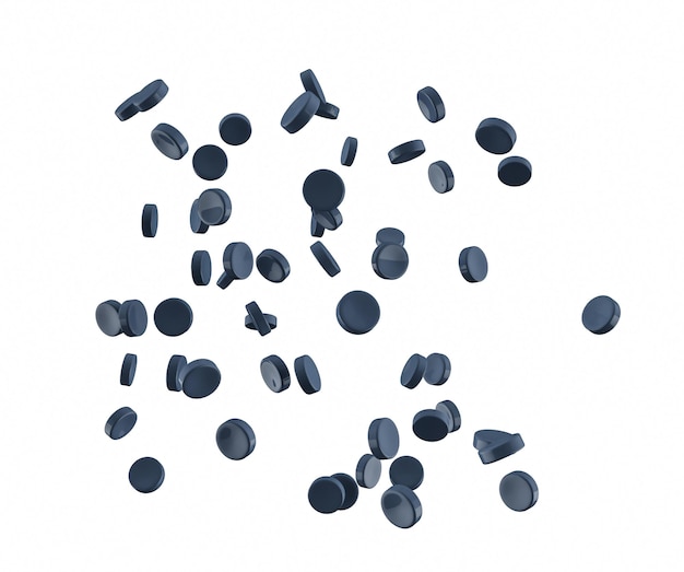 Graues schwarzes Kunststoff-Polymer-Granulat auf weißem Hintergrund 3D-Darstellung