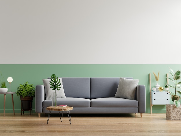 Graues Sofa im einfachen Wohnzimmerinterieur, 3D-Rendering