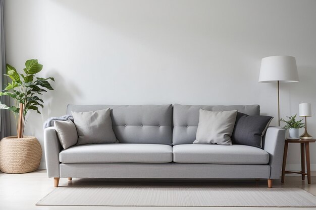 Graues Sofa im weißen Wohnzimmer mit Kopierplatz