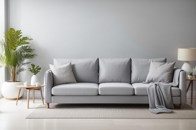 Graues Sofa im weißen Wohnzimmer mit Kopierplatz