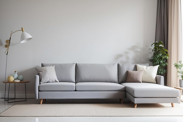 Graues Sofa im weißen Wohnzimmerinterieur mit Freiraum