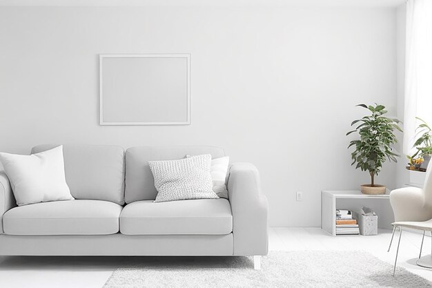 Graues Sofa im weißen Wohnzimmerinterieur mit Freiraum