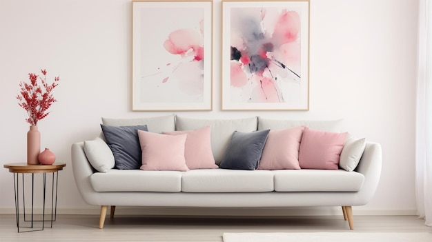 Graues Sofa mit rosa Kissen und Decke