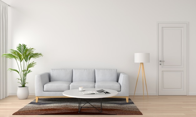 Foto graues sofa und lampe im weißen wohnzimmer, wiedergabe 3d