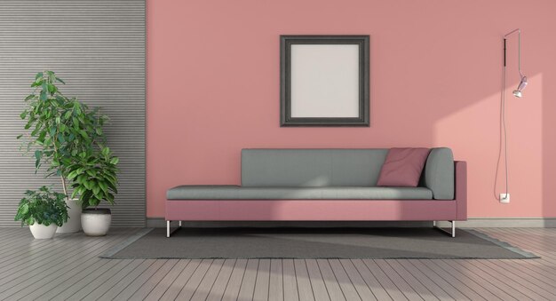 Foto graues und rosafarbenes modernes wohnzimmer mit sofa und zimmerpflanze 3d-rendering