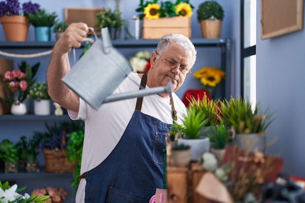 Grauhaariger Florist mittleren Alters gießt Pflanze beim Floristen