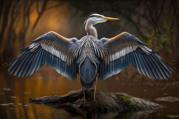 Graureiher schöner Vogel mit erhobenem Hals und ausgebreiteten Flügeln generative ai