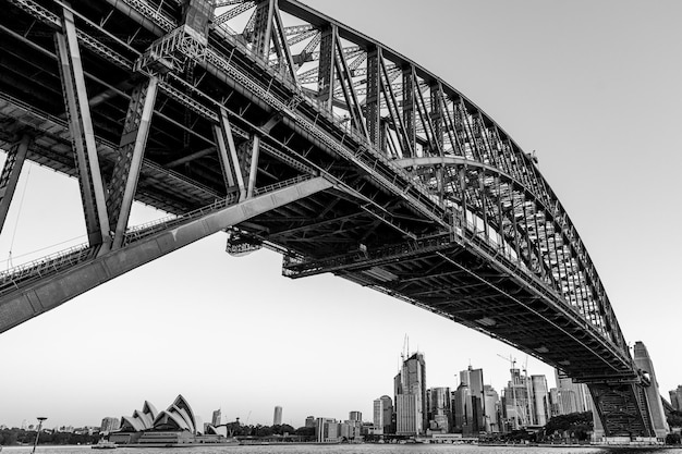 Grauskala-Niedrigwinkelansicht der Syndey Harbour Bridge