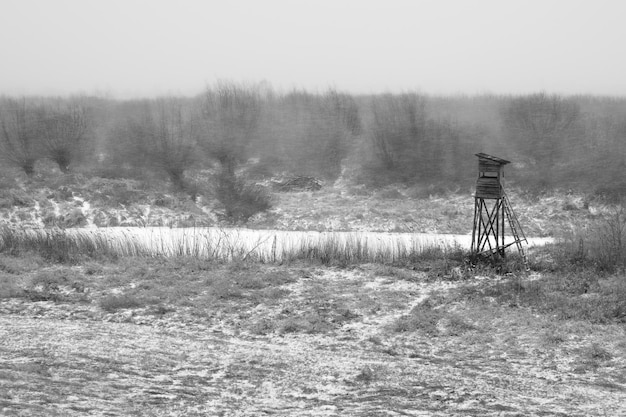 Graustufenaufnahme einer Winterlandschaft mit hölzernem Jagdturm