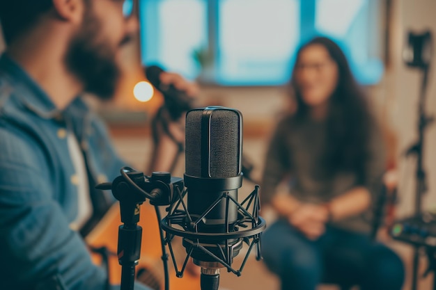 Gravação em duo com equipamento portátil de podcasting