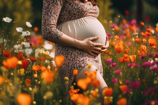 Gravidez maternidade feliz mulher grávida com barriga grande rodeada de flores no jardim