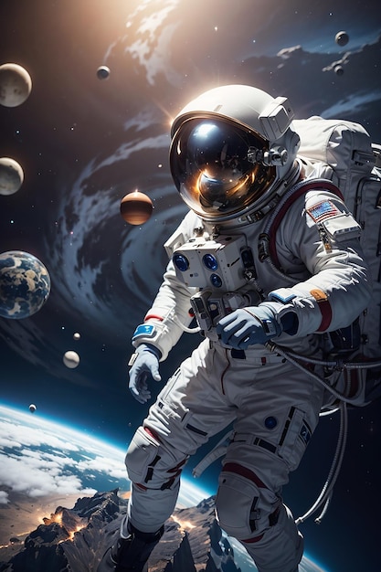 Gravitation Warping Astronaut Ein futuristischer übermenschlicher Astronaut, der den Kosmos durch Manipulation der Schwerkraft navigiert