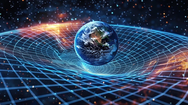 Gravitationstheorie Gravitationswelle auf dem Planeten Erde physikalische und technologische Grundlage Design mit Gravitationsgitter Kugel Verzerrungslinien und gekrümmte Raumzeit
