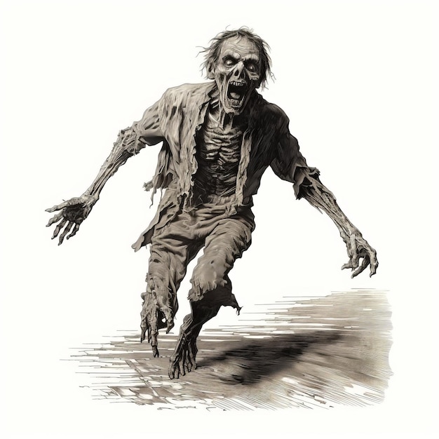 Foto gravura detalhada de um zumbi correndo ilustração antiga de gravura em madeira