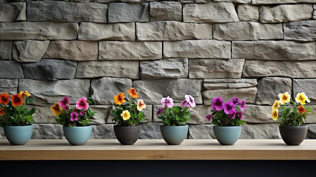 Gray_stone_wall_with_flower_pots_on_it_ Fotos 8K-Hintergrundfotoarchiv