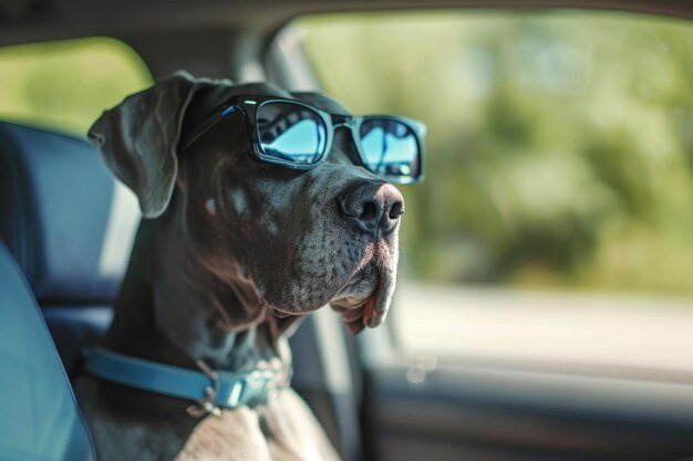 Great Dane usando óculos de sol no carro