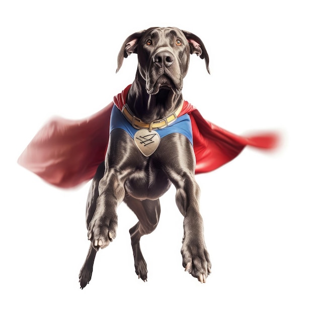 Foto great dane voando em traje de super-homem