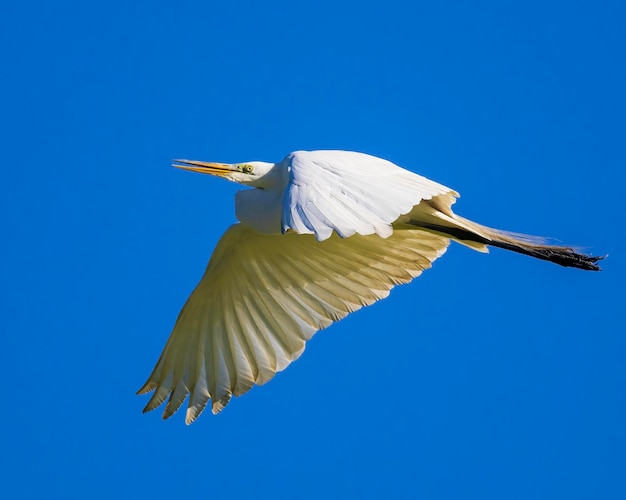 Great Egret em voo com asas para baixo