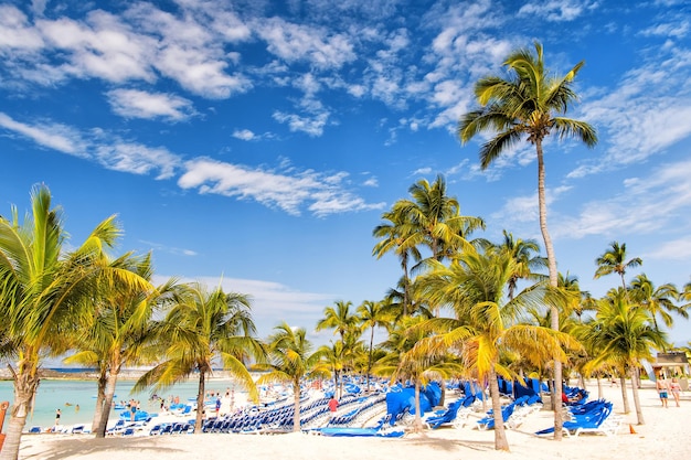 Great estribo, Bahamas - 8 de enero de 2016: palmeras verdes en la playa de arena blanca con tumbonas, gente y mar o océano turquesa en un día soleado en el cielo azul. Vacaciones de verano, resort. Paraíso