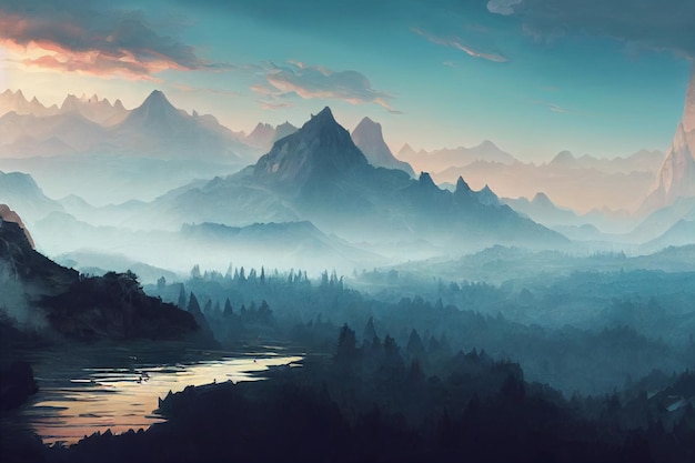 Great River und Mountain in Beautiful Valley und Plain Illustration Hintergrundbild