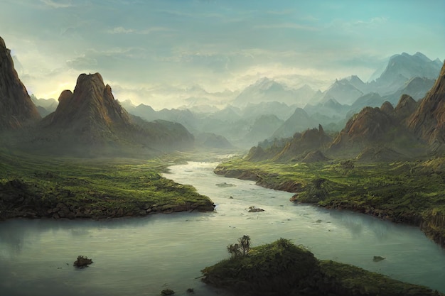 Great River und Mountain in Beautiful Valley und Plain Illustration Hintergrundbild