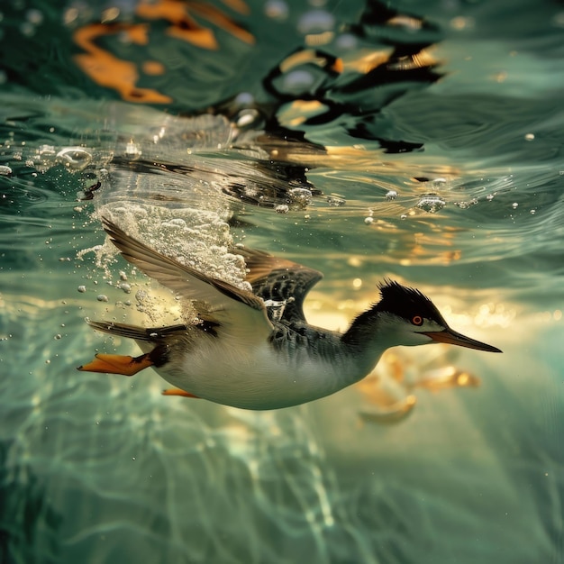Foto grebe mergulhando debaixo d'água