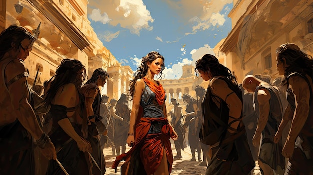 Foto grecia antigua escena con mujeres atenienses en la vibrante calle del mercado