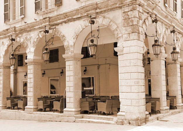 Grecia Corfu Corfu ciudad un café al aire libre Sepia