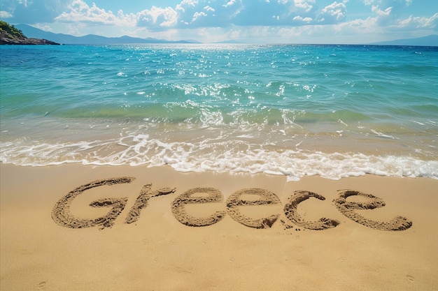 Grécia escrita na areia em uma praia turismo grego e fundo de férias