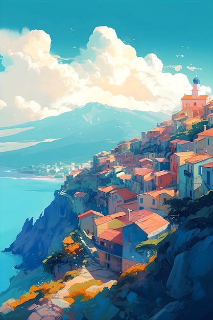 Grecia paisaje colores vibrantes estilo dibujado a mano ilustración