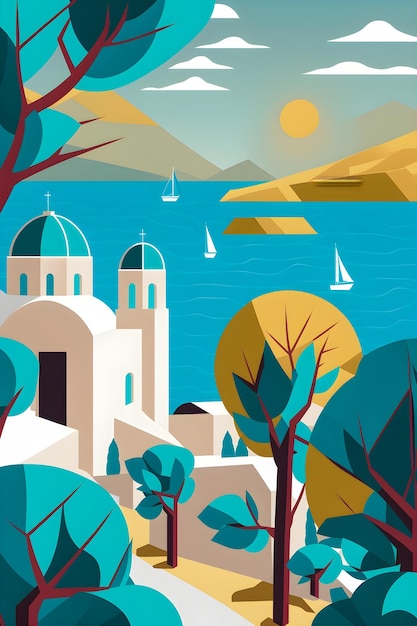 Grecia paisaje diseño plano ilustración tradicional colores griegos tradicionales