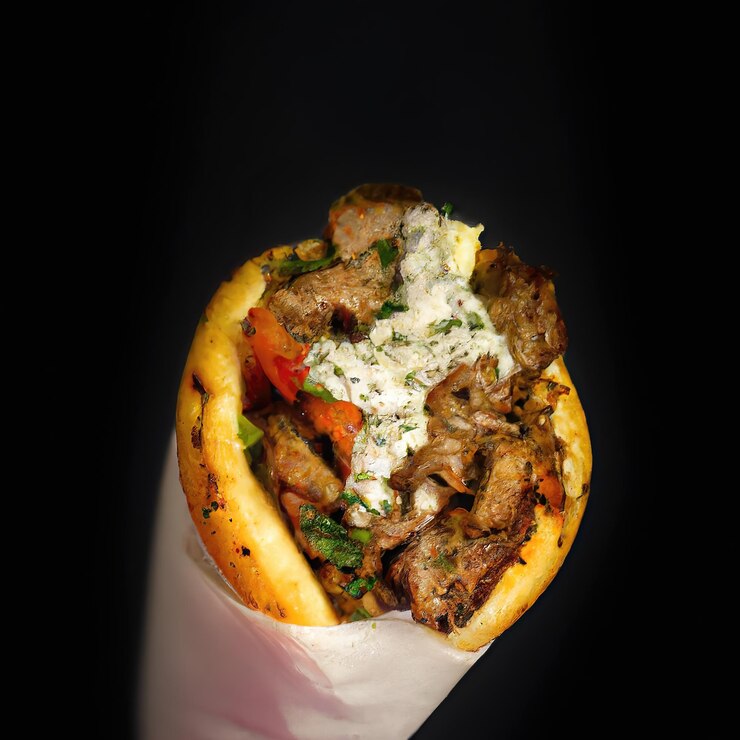 GREEK GYRO Produktaufnahme, Premium-Foto mit schwarzem Bokeh-Hintergrund