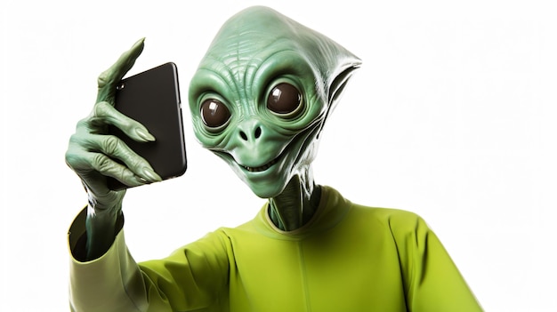 Foto green alien taking a selfie isolated on white background