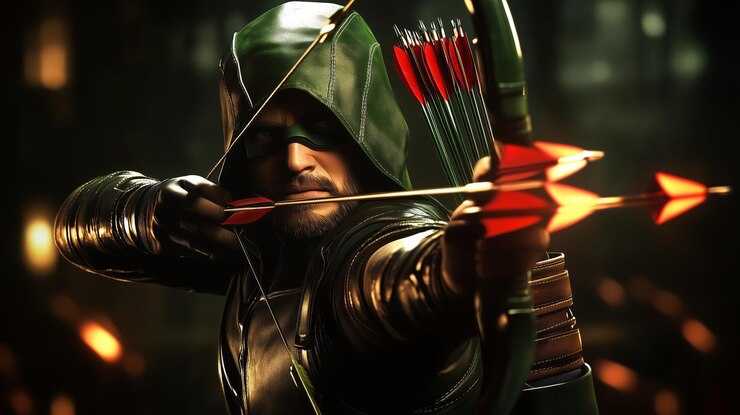 Foto green arrow superhero com arco e flecha pose de ação