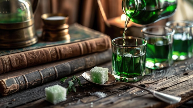 Foto green bohemian lifestyle absinthe vertiendo sobre un cubo de azúcar en una mesa de madera con libros y vasos
