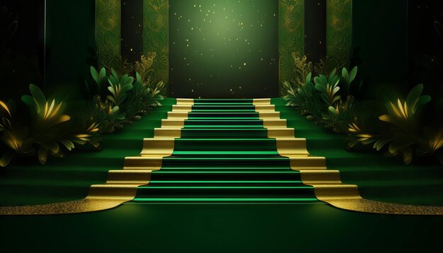 Green Carpet Bollywood Stage Green Steps Spot Light Telón de fondo de los Golden Regal Awards Generative ai