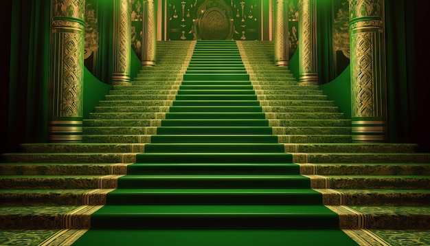 Green Carpet Bollywood Stage Green Steps Spot Light Telón de fondo de los Golden Regal Awards Generative ai